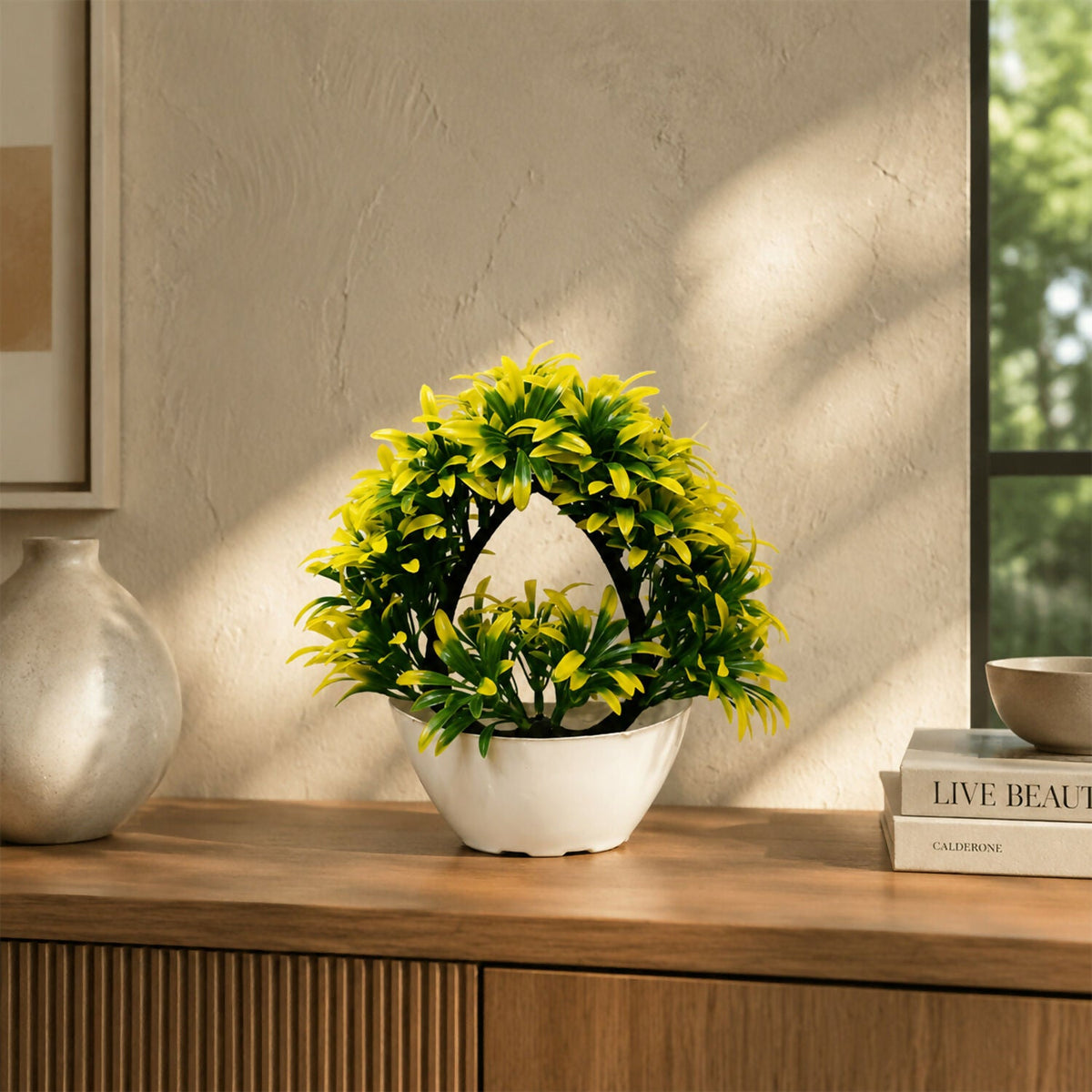 Artificial Yellow Green Arch Bonsai Plant with White Bowl Pot Home Office Decor