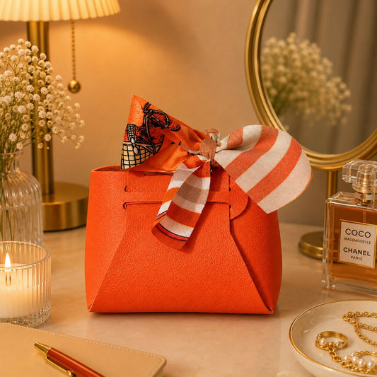 Orange mini handbag with printed ribbon bow front view