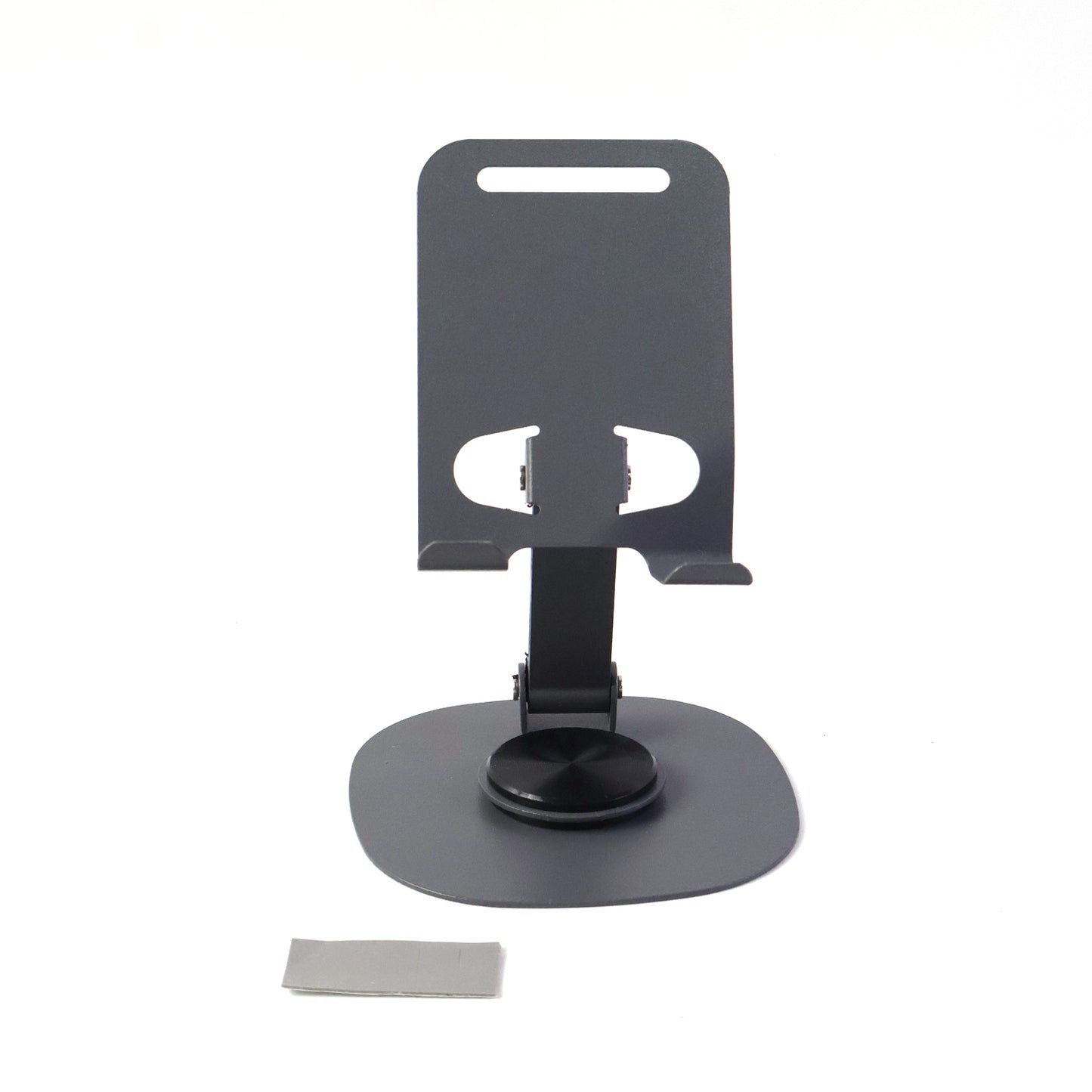 Close-up of sturdy metallic round base of mobile stand