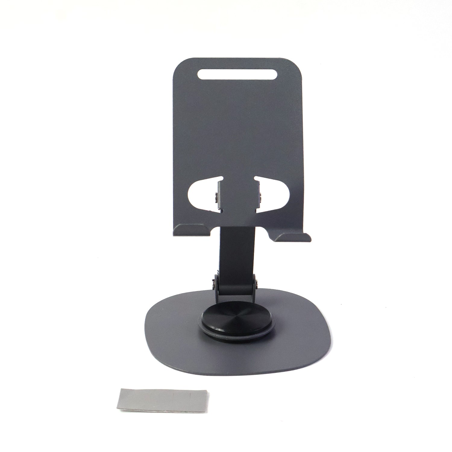Close-up of sturdy metallic round base of mobile stand