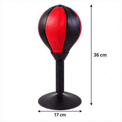 A red and black desktop punching ball with dimensions indicated: 36 cm height and 17 cm base width.