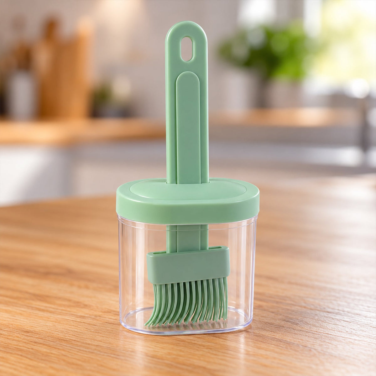 The light green silicone basting brush is stored in its clear container with a matching green lid, sitting on a wooden table