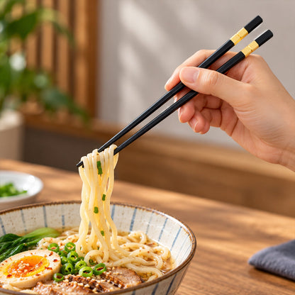 A hand holds black chopsticks with gold bands, lifting noodles from a ceramic bowl filled with ramen and an egg.