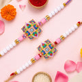 Floral Mandala Evil Eye Printed Pearl Beads Bhai Bhabhi Rakhi Set