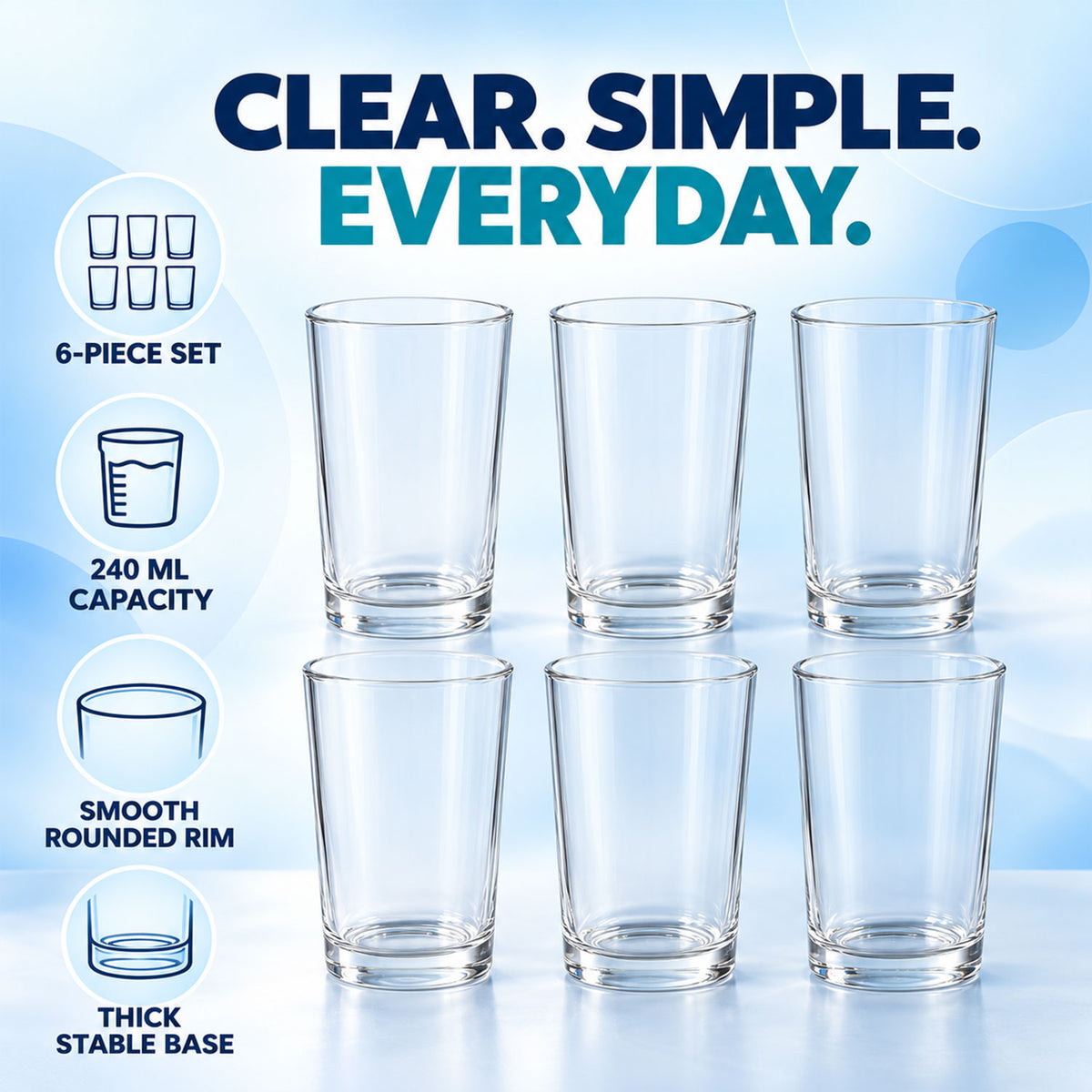 Clear Drinking Glass Tumblers with Smooth Rims and Thick Bases (240 ml, 6 Pc)