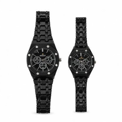 Black Dial Stainless Style Couple Watch Set with Matching Analog Design for Men Women