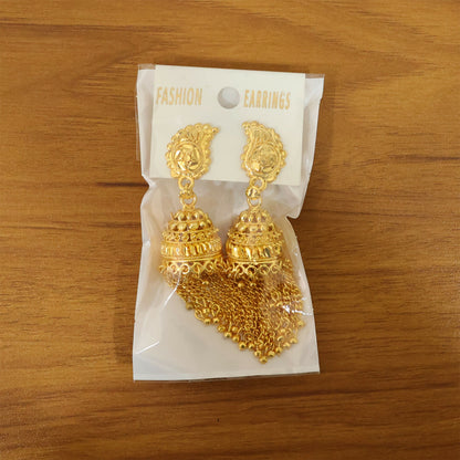 Gold plated festive tassel jhumka earrings detail