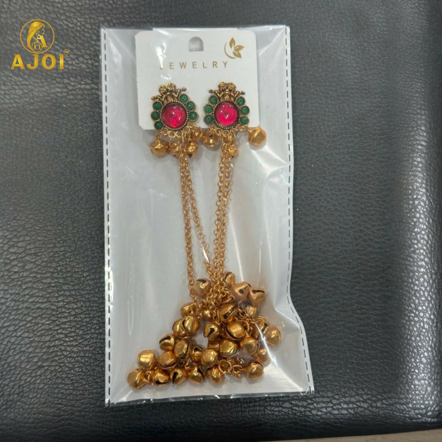 Royal Kashmiri-Inspired Gold-Plated ERuby Pink & Emerald Green Stones, Dual Chain Ghungroo Drops