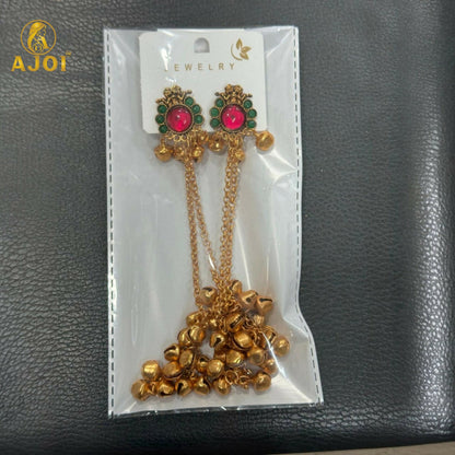 Royal Kashmiri-Inspired Gold-Plated ERuby Pink & Emerald Green Stones, Dual Chain Ghungroo Drops