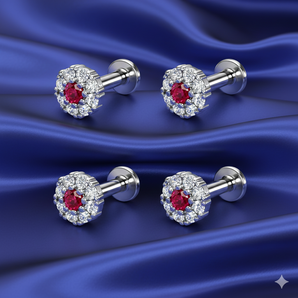 Close-up of ruby and diamond halo flat-back stud earrings showing threaded post