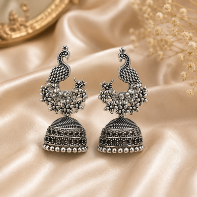 Oxidized Silver Peacock Floral Jhumka Earrings for Women | Traditional Ethnic Statement Earrings
