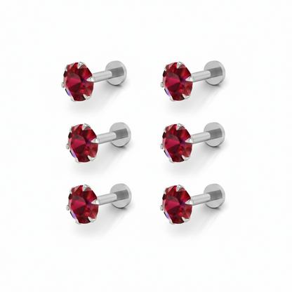 Silver plated nosepin studs featuring sparkling red crystals