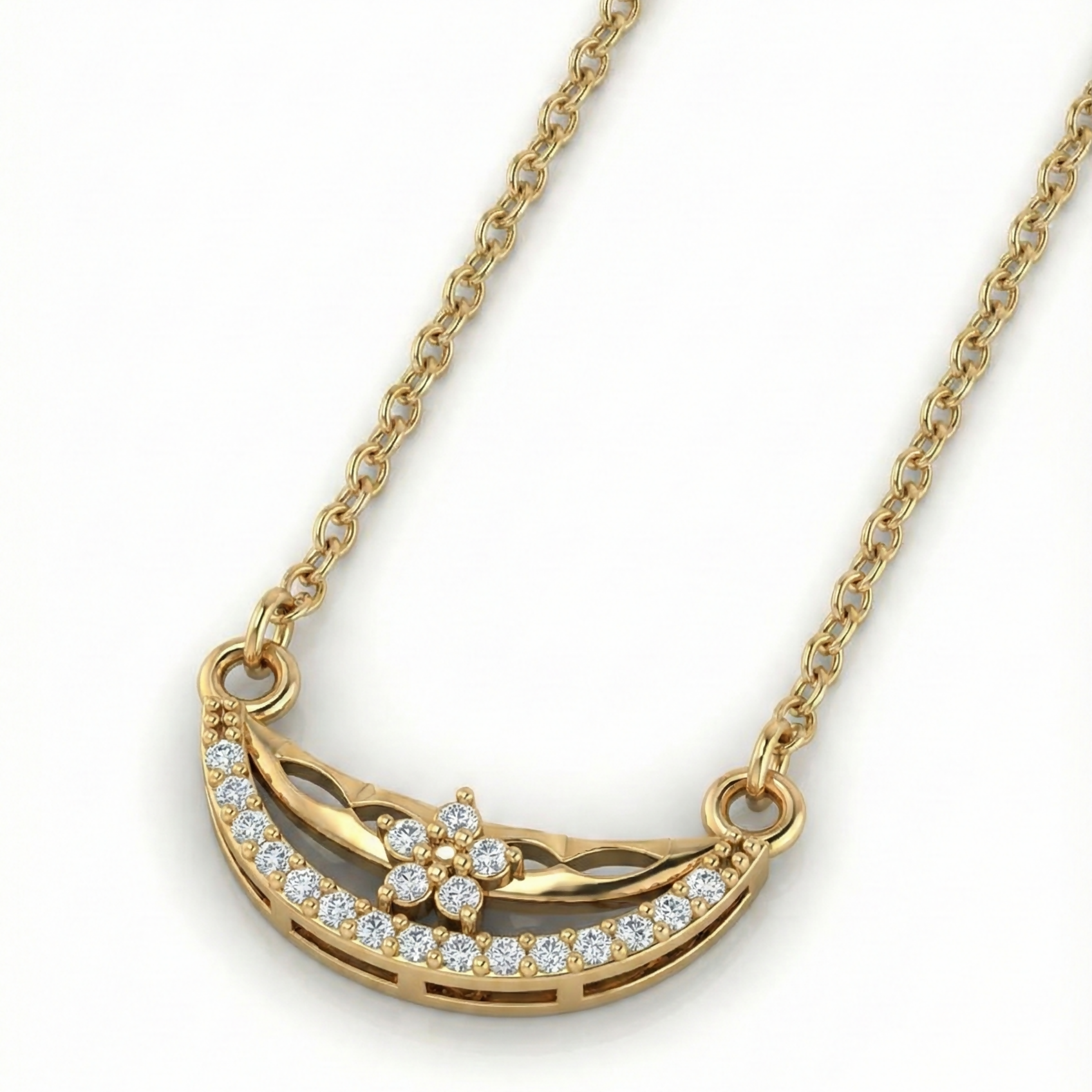 Side view of elegant gold plated floral crescent necklace showcasing crystal embellishments