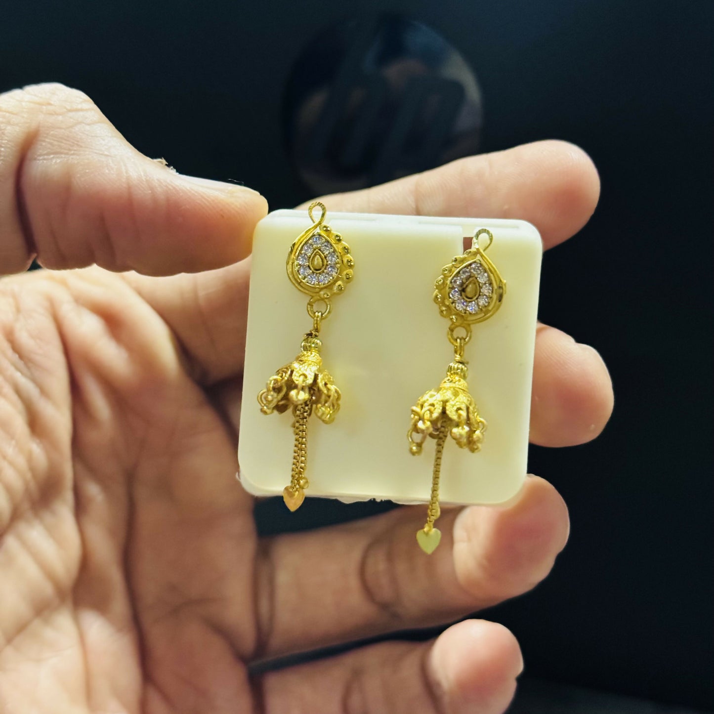 Elegant Paisley Stud Jhumka Earrings with Chain Drops