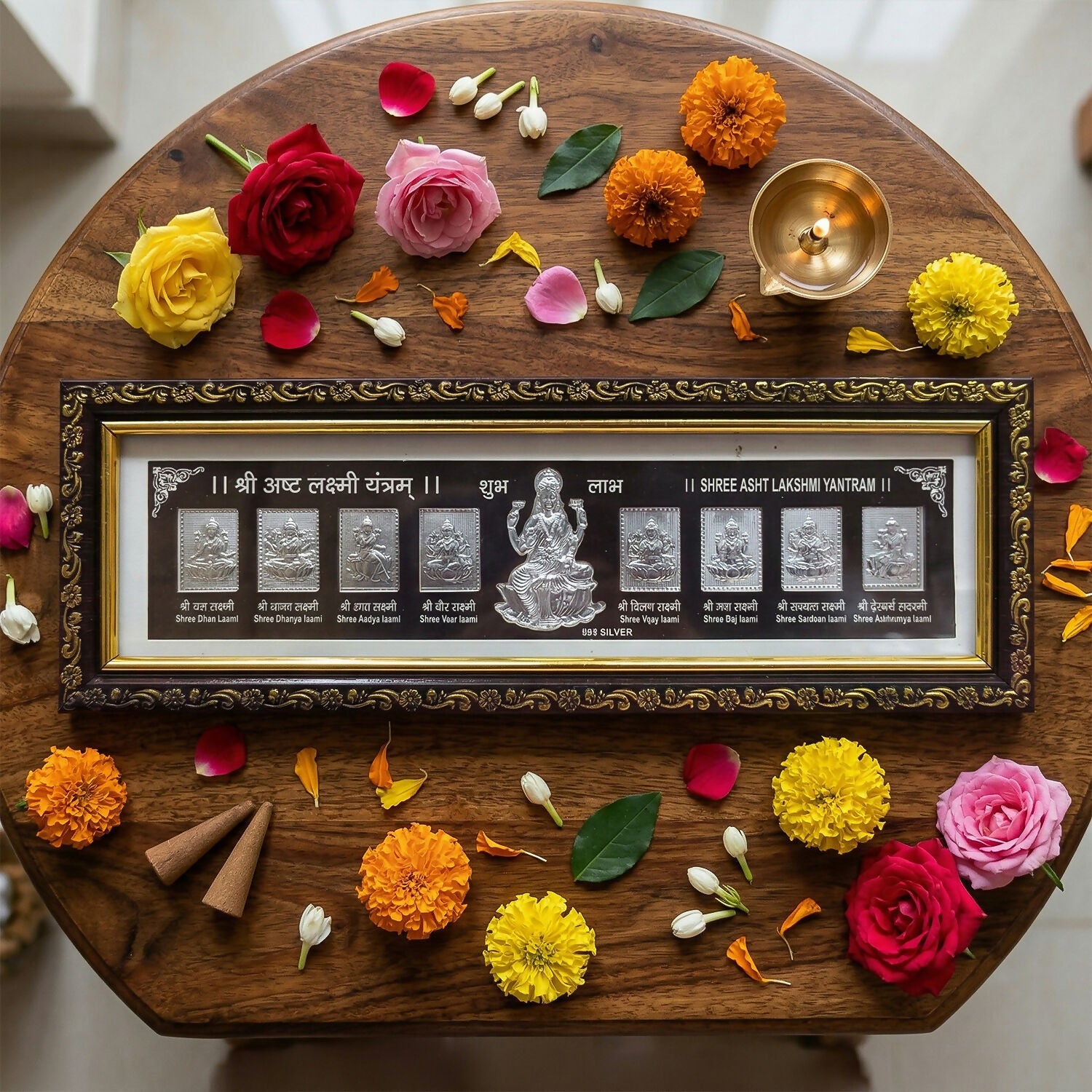 Silver Shree Asht Lakshmi Yantra Plaque in Premium Framed Display for Pooja and Prosperity