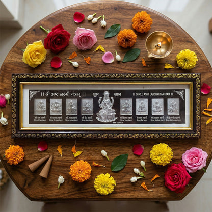 Silver Shree Asht Lakshmi Yantra Plaque in Premium Framed Display for Pooja and Prosperity