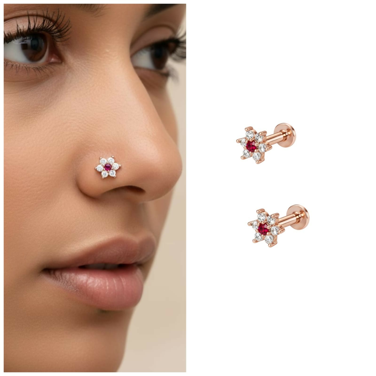 Pack of 2 rose gold plated ruby red flower nosepin studs with crystal accents