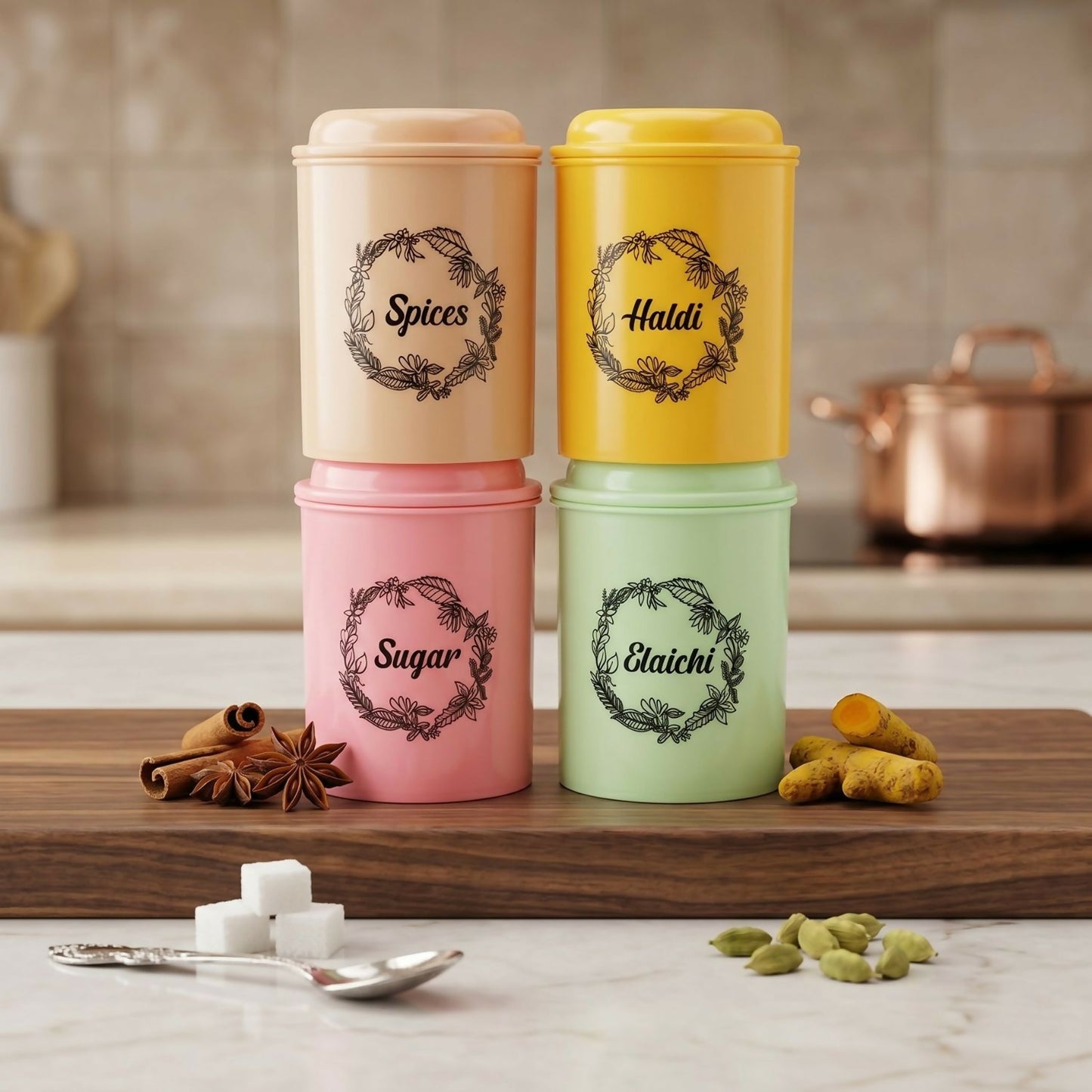 Set of 4 pastel airtight kitchen storage containers with labels