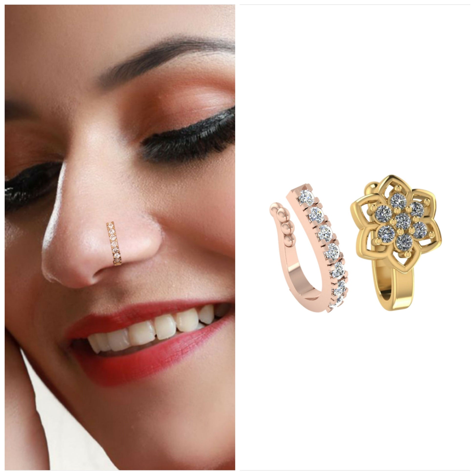 AD Pave Eternity Non-Piercing Nose Clip/Cuff (Gold) Combo Pack of 2