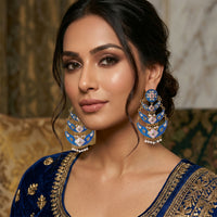 Royal Blue Ethnic Layered Pearl Earrings (1 Pc)