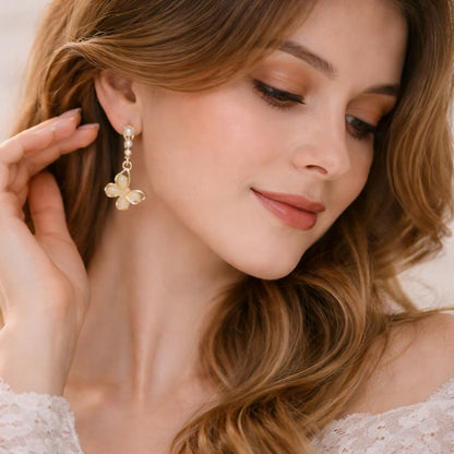 Elegant Gold Butterfly Pearl Drop Earrings with Floral Design for Women