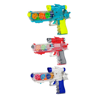 Rotating gears visible through clear transparent toy gun body