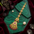 Gold Plated Floral Maang Tikka with Stonework, Paisley Pendant & Hanging Bead Drops