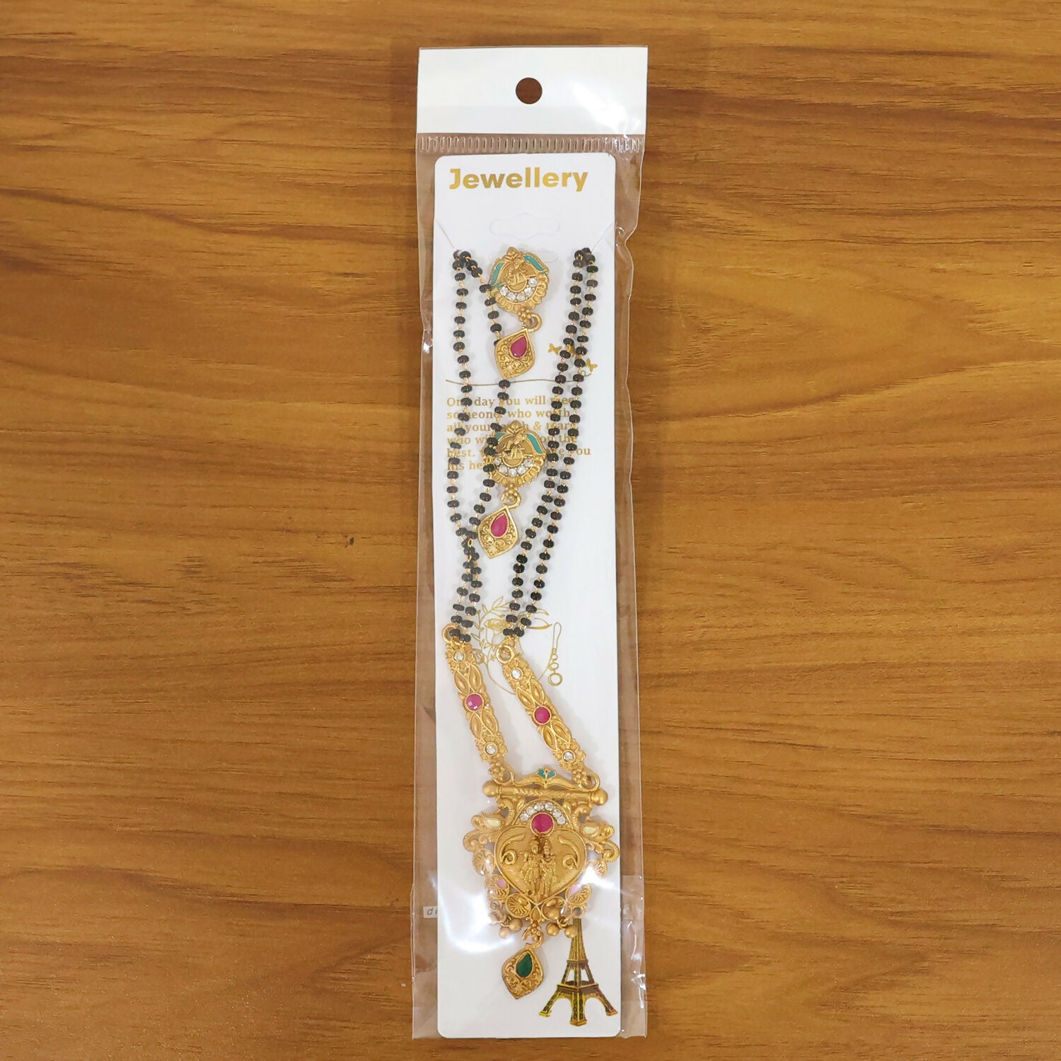 Antique Finish Radha Krishna Deity Medallion with Teal Enamel Drop Earring Set Double Strand Mangalsutra