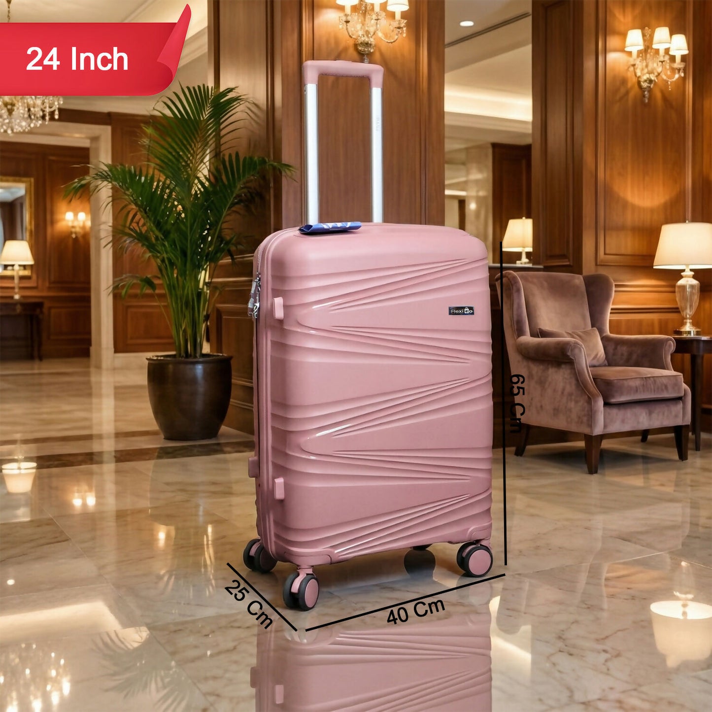Rose gold cabin trolley suitcase placed on a smooth surface showing wheel design