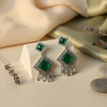 Oxidised Indian Earrings – Traditional Dangler with Green Monalisa Stones
