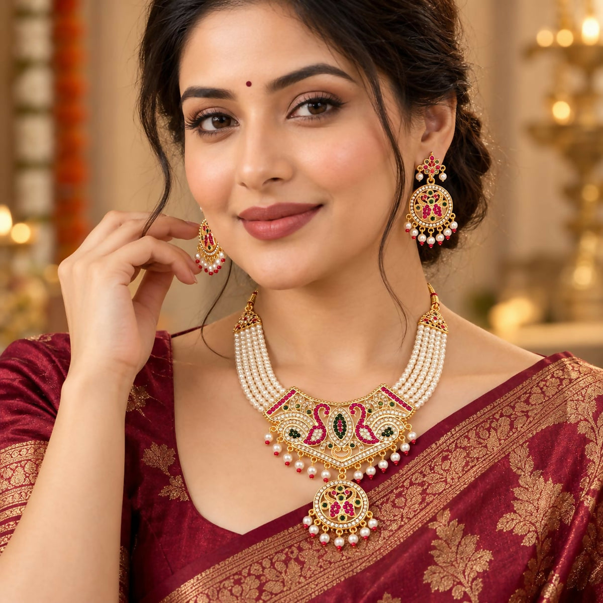 A woman models a pearl necklace and matching earrings, wearing a red and gold traditional Indian outfit.