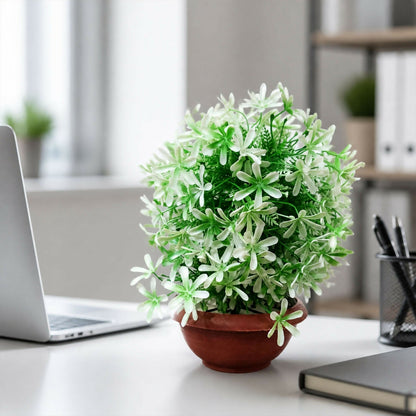 Artificial White Flower Plant with Brown Bowl Pot Green Leaves Home Office Decor