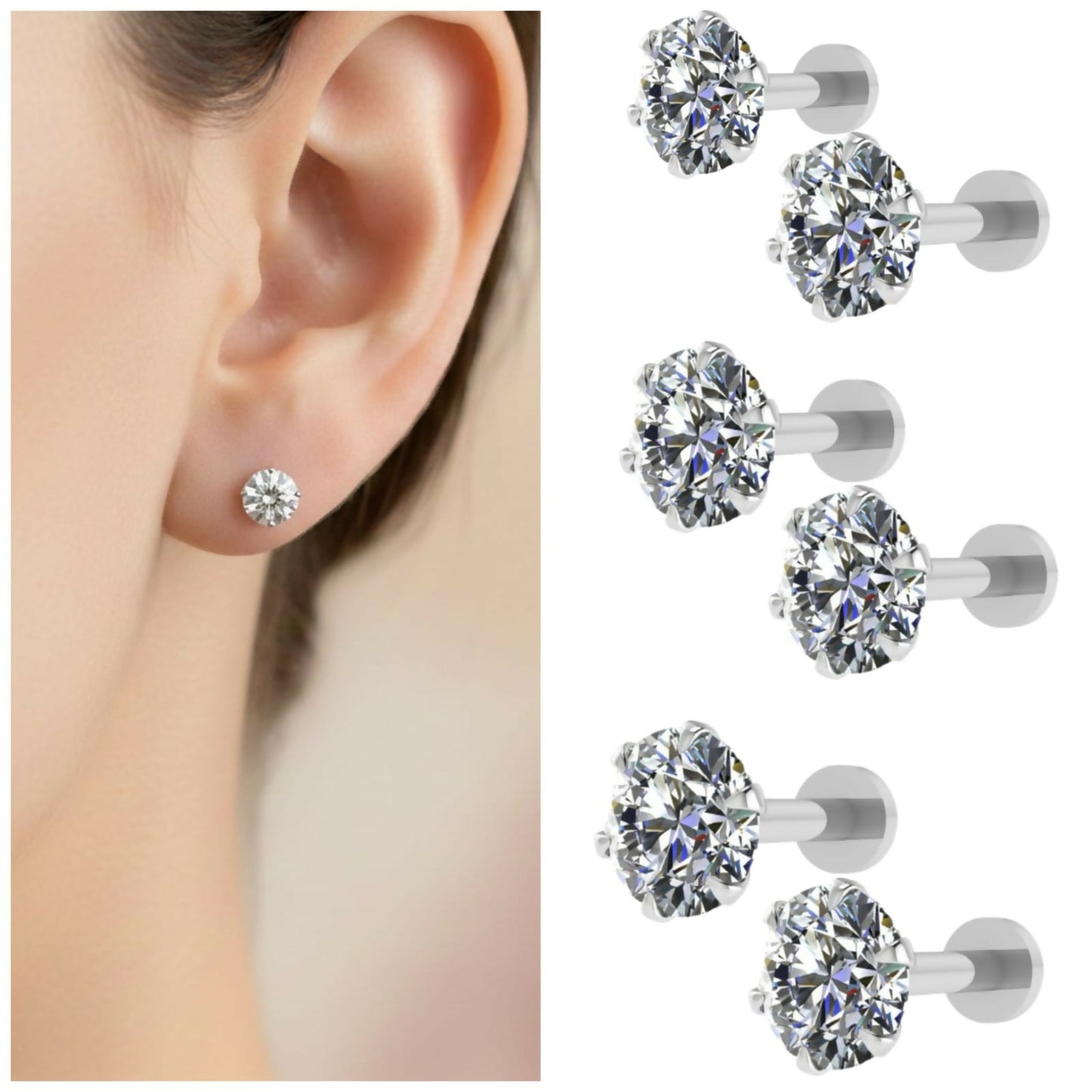 Silver Plated Round AD Solitaire Flat Back Stud Earrings Combo Pack of 6