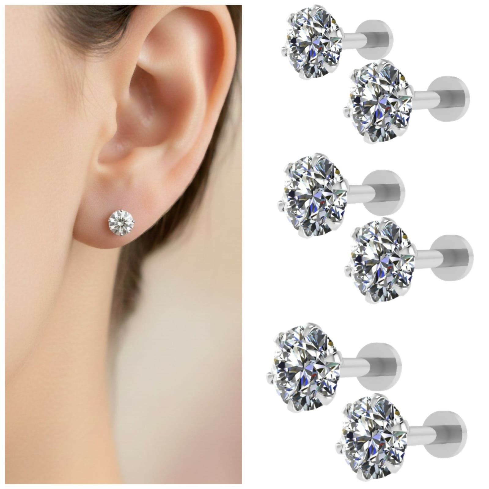 Silver Plated Round AD Solitaire Flat Back Stud Earrings Combo Pack of 6