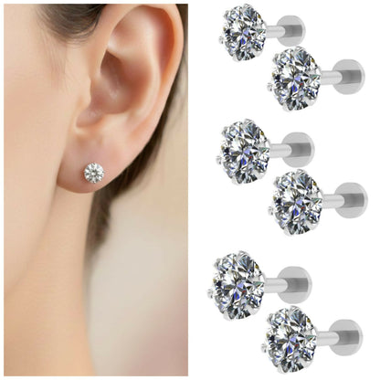 Silver Plated Round AD Solitaire Flat Back Stud Earrings Combo Pack of 6