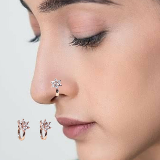 Silver Plated Non-Piercing CZ Flower/Star Nose Pin/Cuff Combo Pack of 2
