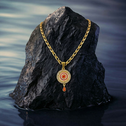 Royal Gold Pendant Necklace with Circular Enamel Stone Design