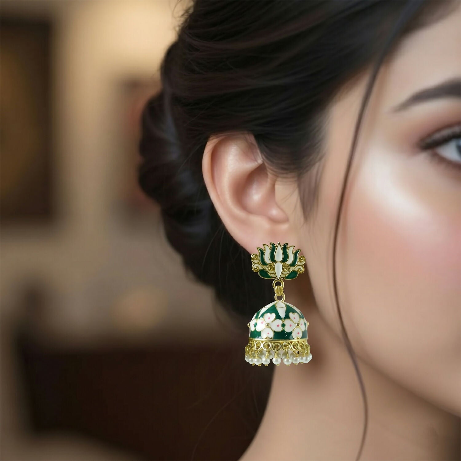 Side view of traditional green lotus jhumka earrings