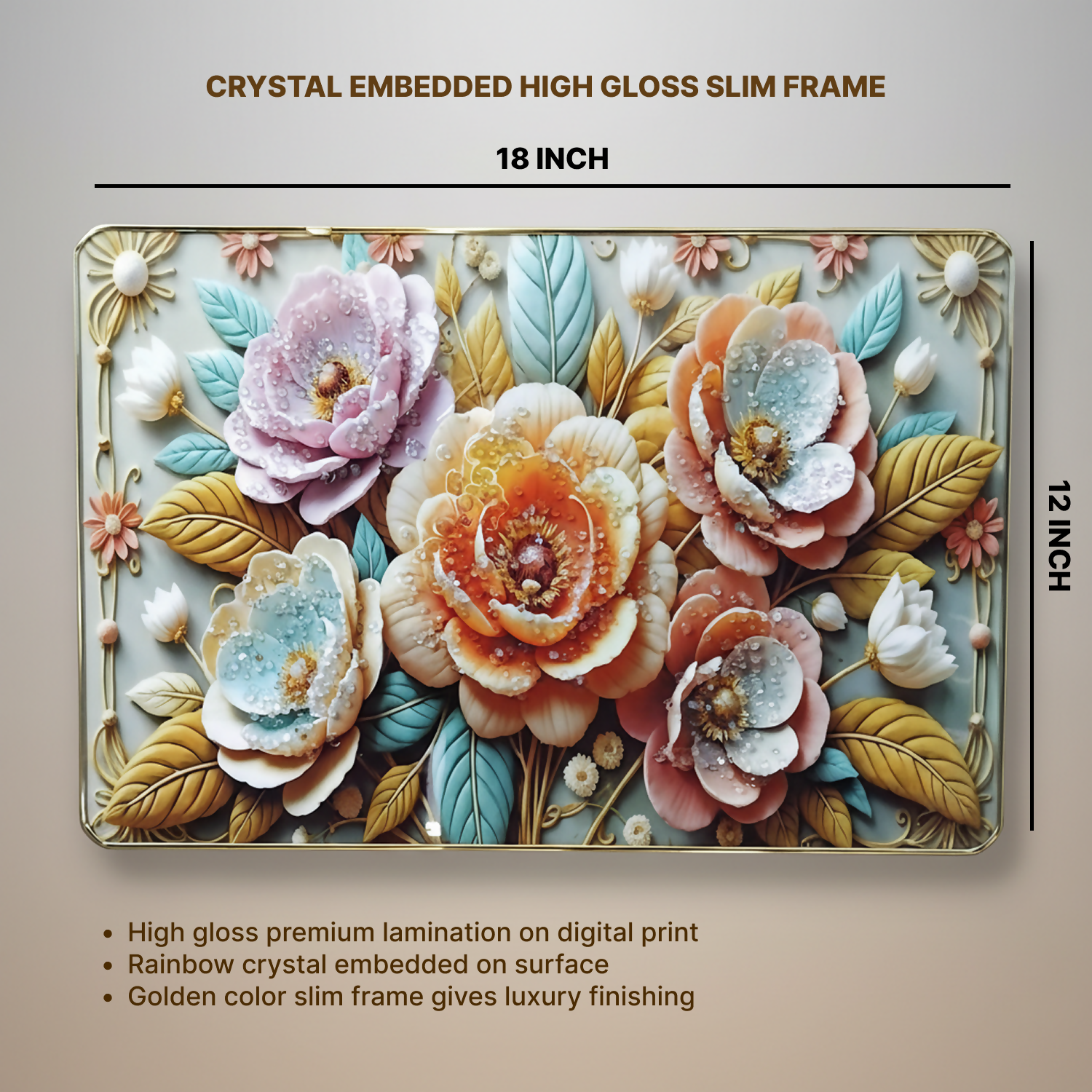 Premium 3D Floral Wall Art Panel – Luxury Golden Frame Home Decor