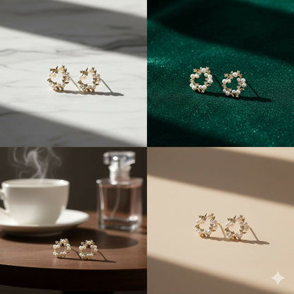 Front view of pearl & crystal circular stud earrings