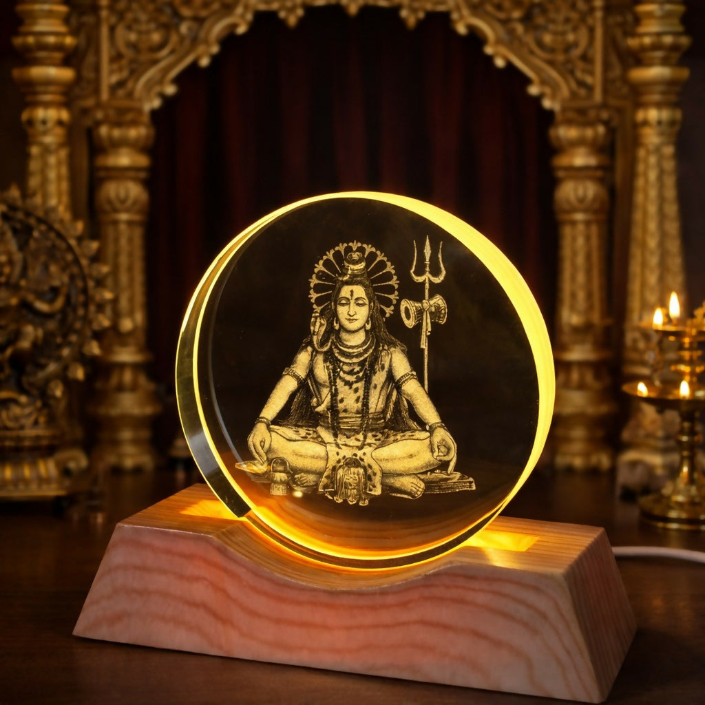 Meditating Shiv Engraved Acrylic LED Night Lamp with Wooden Base for Home Decor