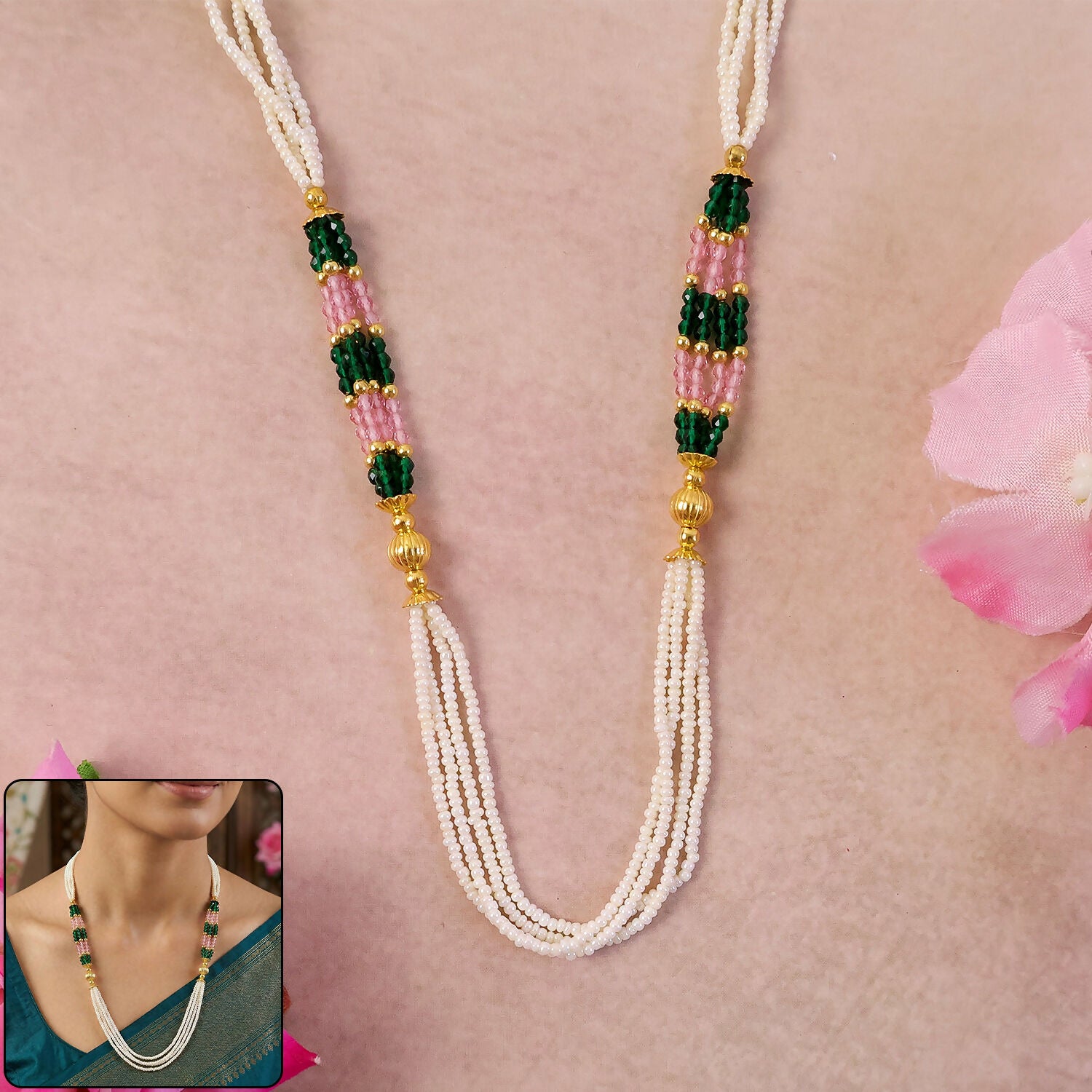 Handmade multi-strand pearl mala necklace with green and pink beads