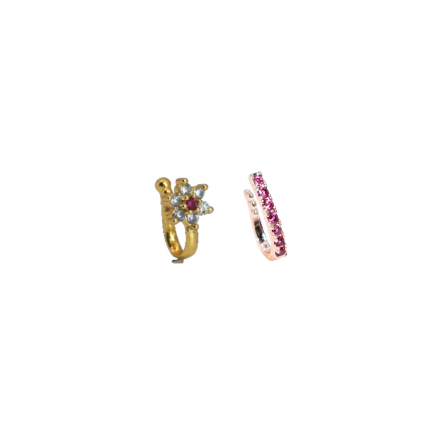 Close-up view of ruby and cubic zirconia stone clip-on nose pins enhancing traditional style