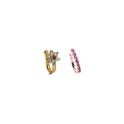 Close-up view of ruby and cubic zirconia stone clip-on nose pins enhancing traditional style