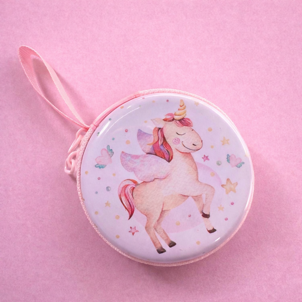 Unicorn Print Round Coin Pouch with Zipper & Wrist Strap for Kids and Gifting(DESIGN MAY VARY)