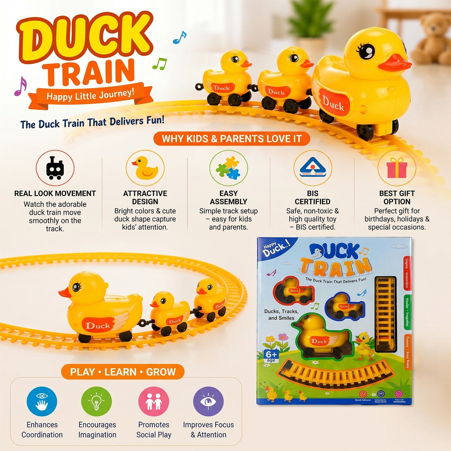 Duck train toy with light and sound