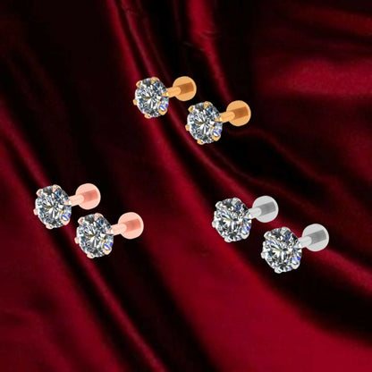 Silver Rose gold Plated Round AD Solitaire Flat Back Stud Earrings Combo 3