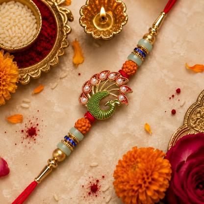 A red thread bracelet with a green peacock charm, orange and light green beads, and gold accents is surrounded by festive