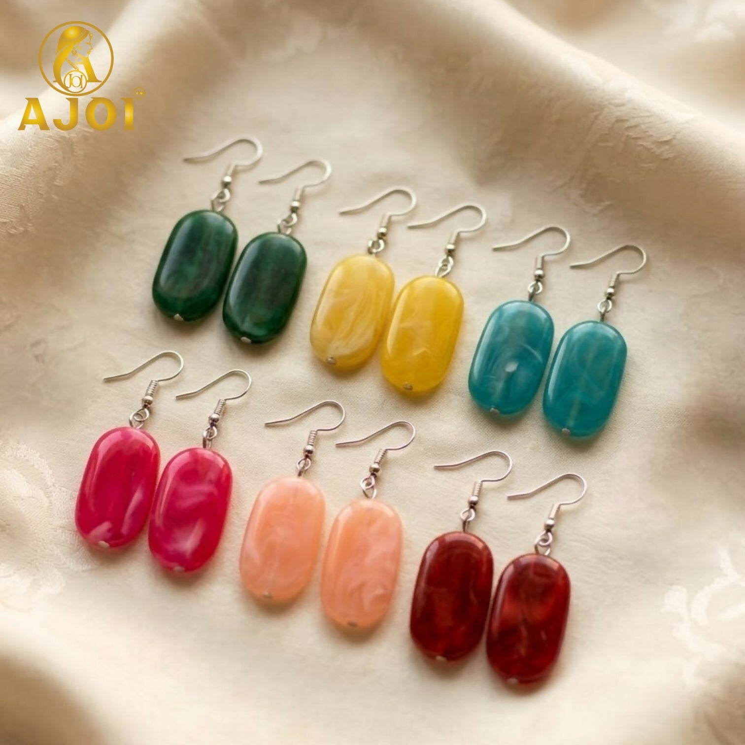 6 Pair Colorful Marble Oval Drop Earrings with Silver Hooks