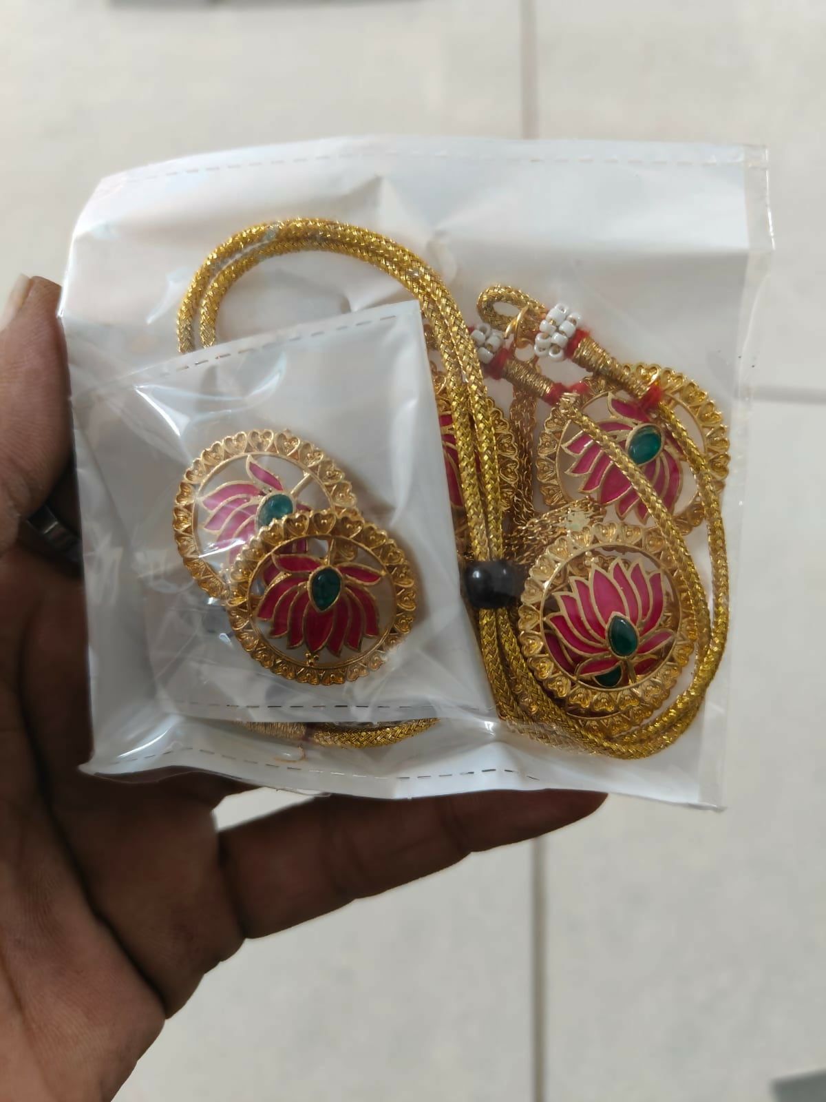 Bold Gold-Tone Green-Pink Crystal & Pearl Choker Set